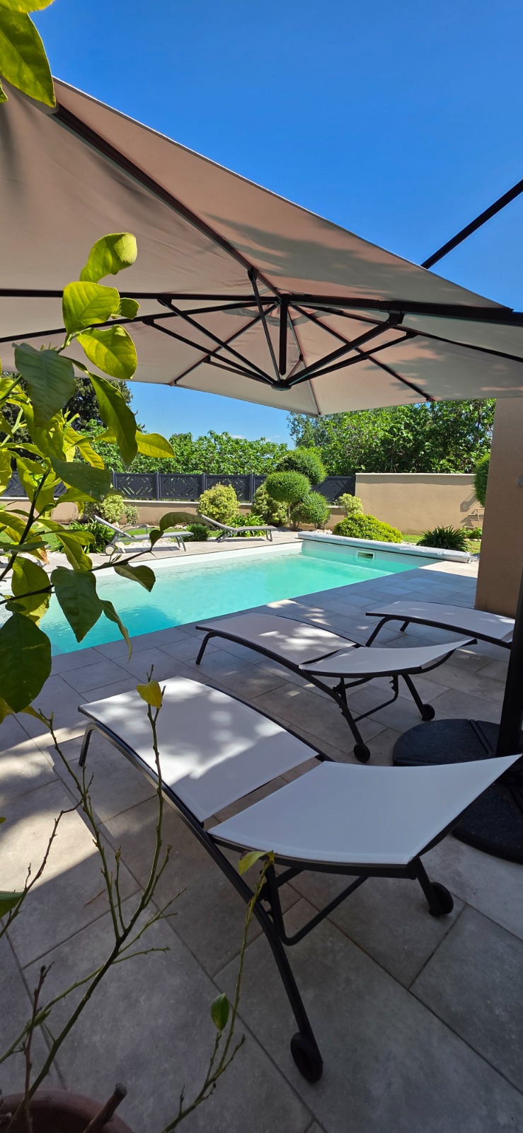 Piscine avec parasol et jardin soigné — mise en valeur d'un bien Airbnb par H.E. Conciergerie Vaucluse