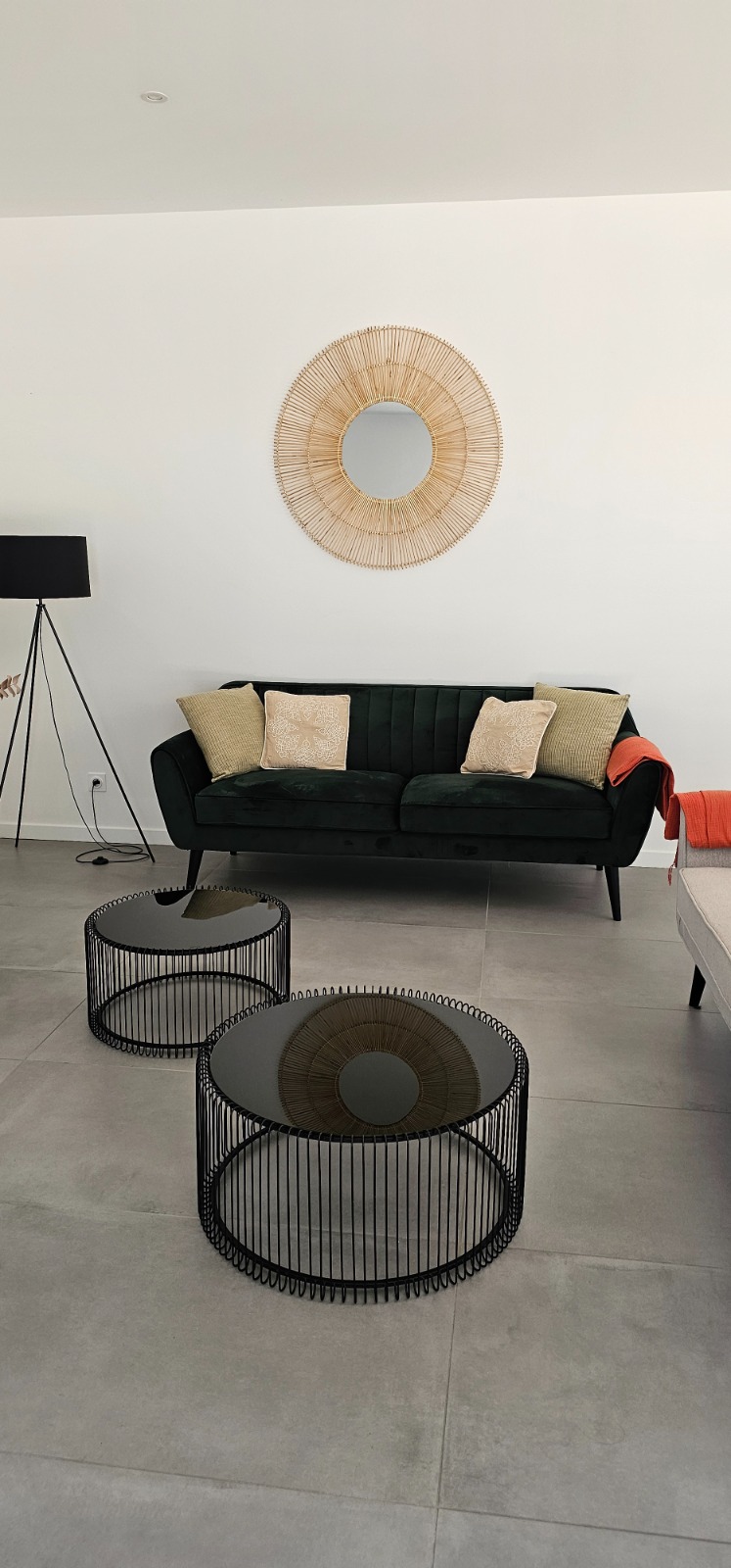 Salon élégant avec canapé vert et miroir en rotin — intérieur soigné d'un bien Airbnb dans le Vaucluse