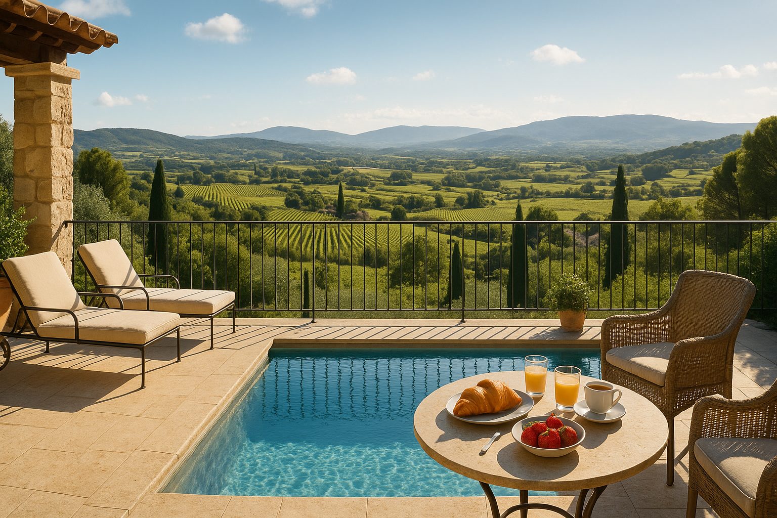 Terrasse avec piscine et vue panoramique sur les vignobles du Vaucluse — zone d'intervention H.E. Conciergerie